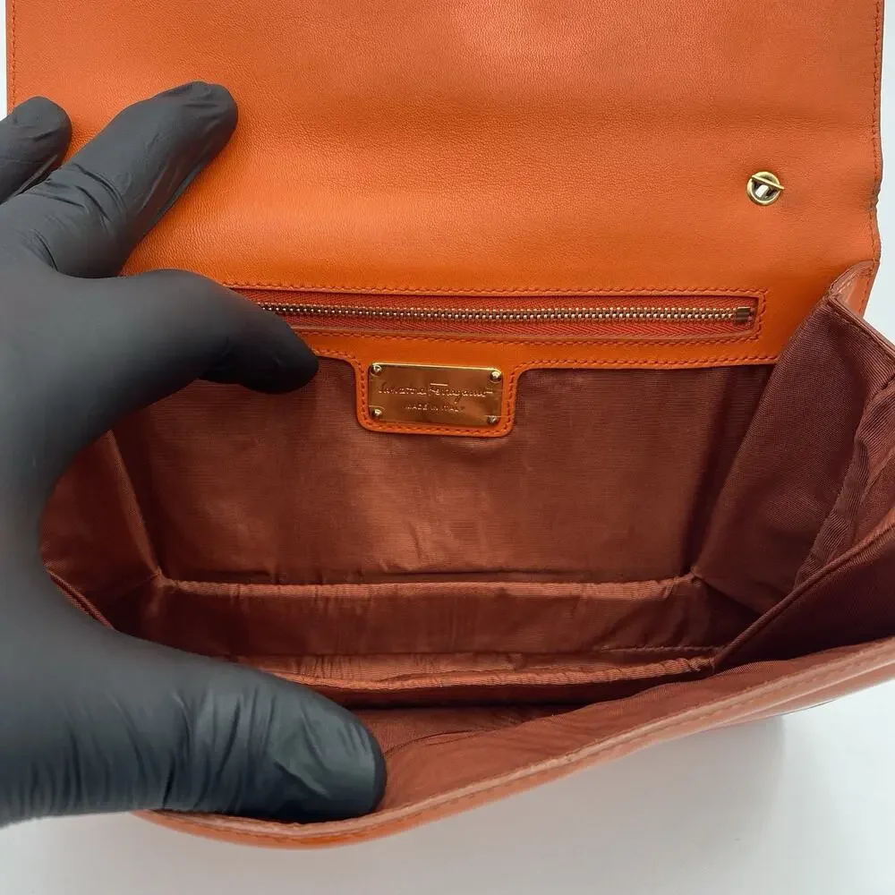 Salvatore Ferragamo Ginny Shoulder Bag Orange Patent Leather Crossbody Gold Med